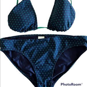 DRAPER JAMES X HELEN JON Women’s String Bikini Sz M Navy Green Polka Dot EUC